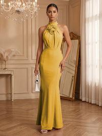 Stretch Mesh Sheath/Column Halter Floor-Length Formal Dresses with Ruched Waist