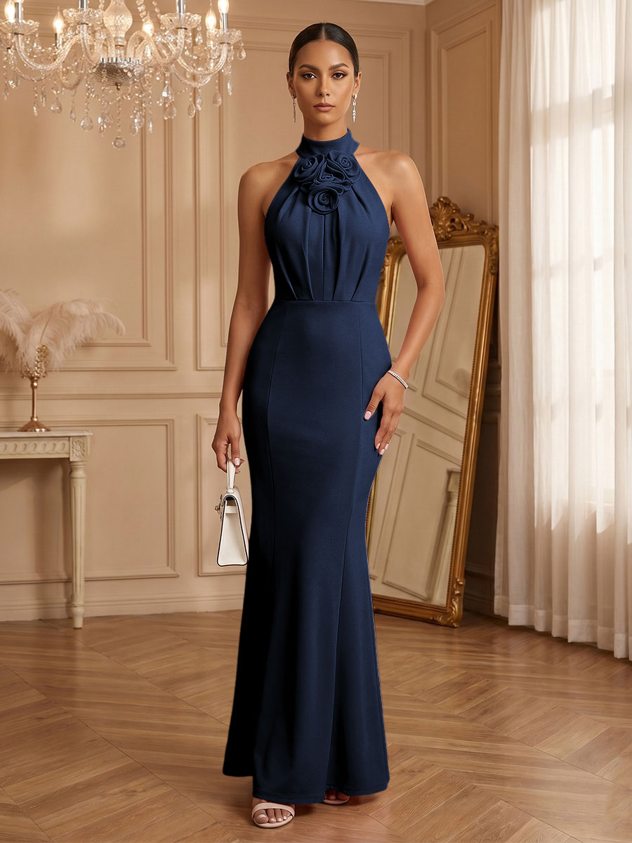 Stretch Mesh Sheath/Column Halter Floor-Length Formal Dresses with Ruched Waist