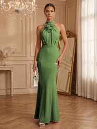 Stretch Mesh Sheath/Column Halter Floor-Length Formal Dresses with Ruched Waist