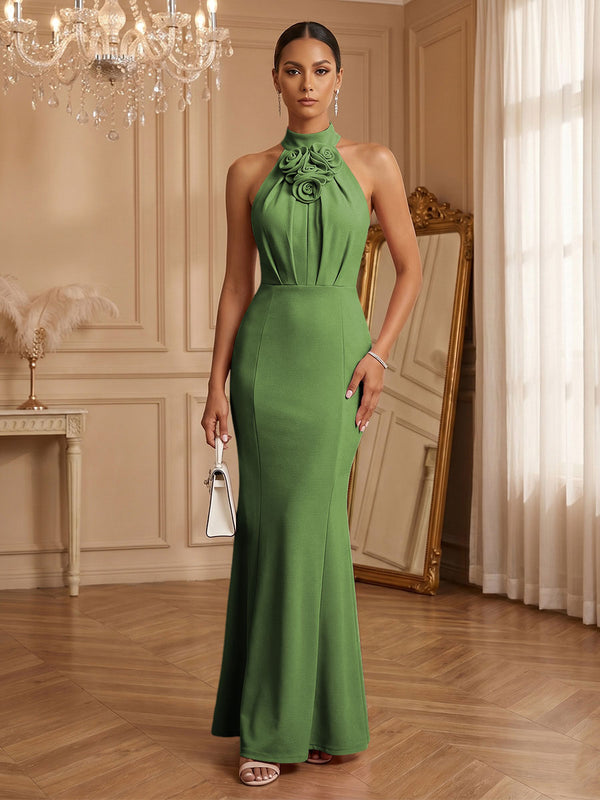 Stretch Mesh Sheath/Column Halter Floor-Length Formal Dresses with Ruched Waist