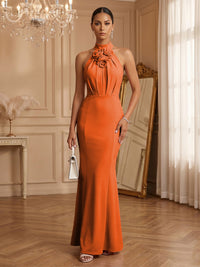 Stretch Mesh Sheath/Column Halter Floor-Length Formal Dresses with Ruched Waist