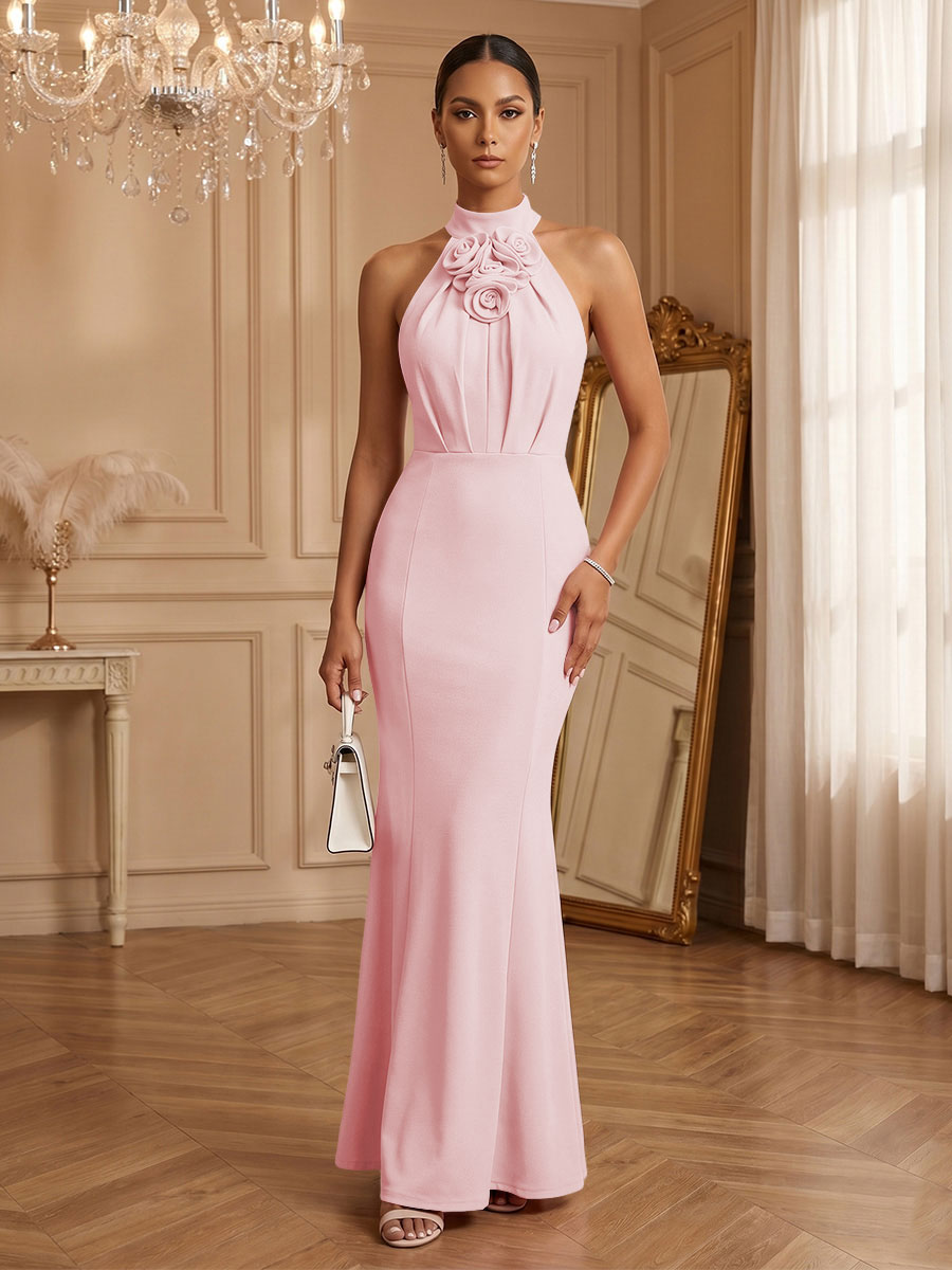 Stretch Mesh Sheath/Column Halter Floor-Length Formal Dresses with Ruched Waist