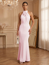 Stretch Mesh Sheath/Column Halter Floor-Length Formal Dresses with Ruched Waist