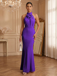 Stretch Mesh Sheath/Column Halter Floor-Length Formal Dresses with Ruched Waist