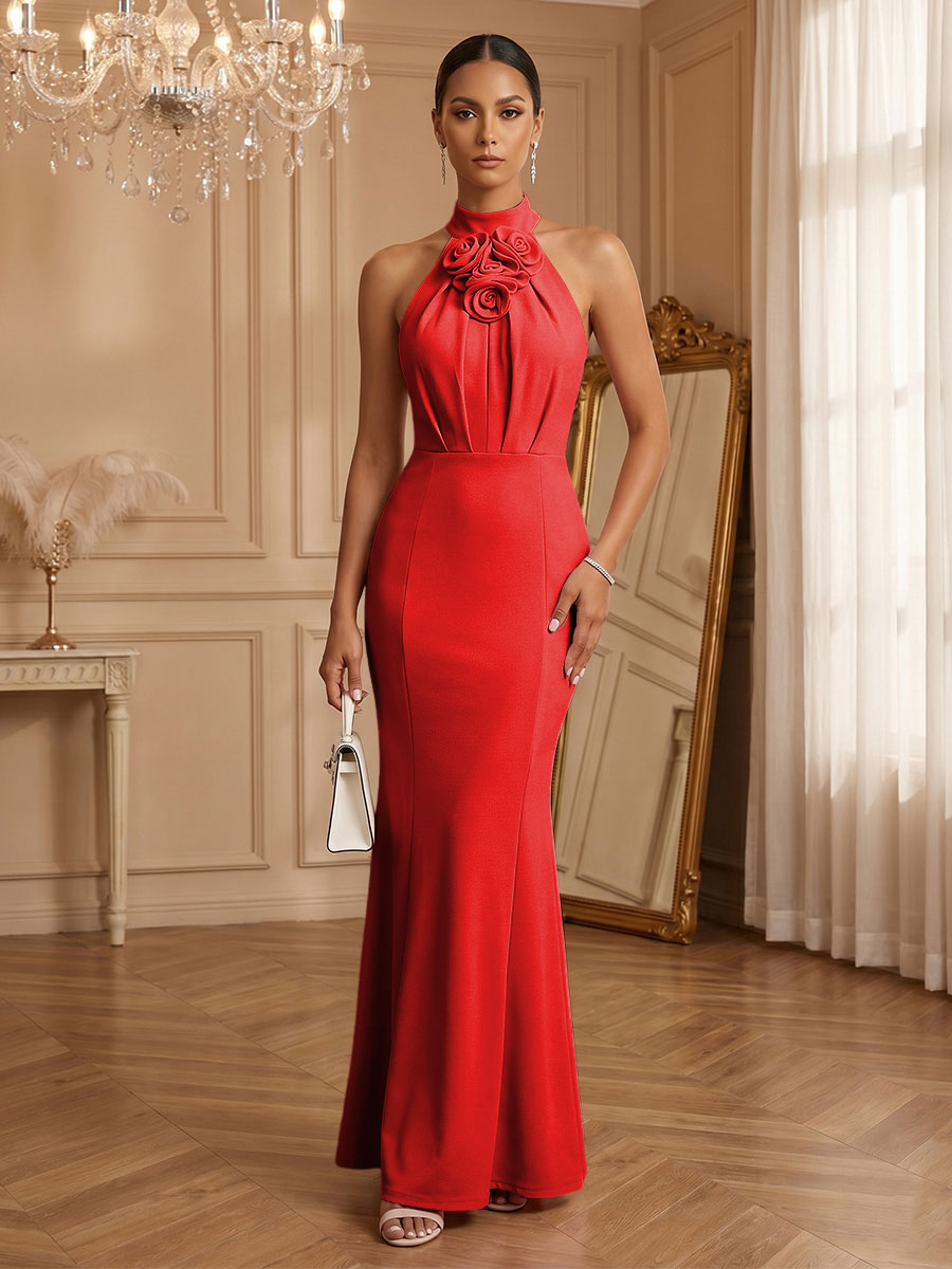 Stretch Mesh Sheath/Column Halter Floor-Length Formal Dresses with Ruched Waist