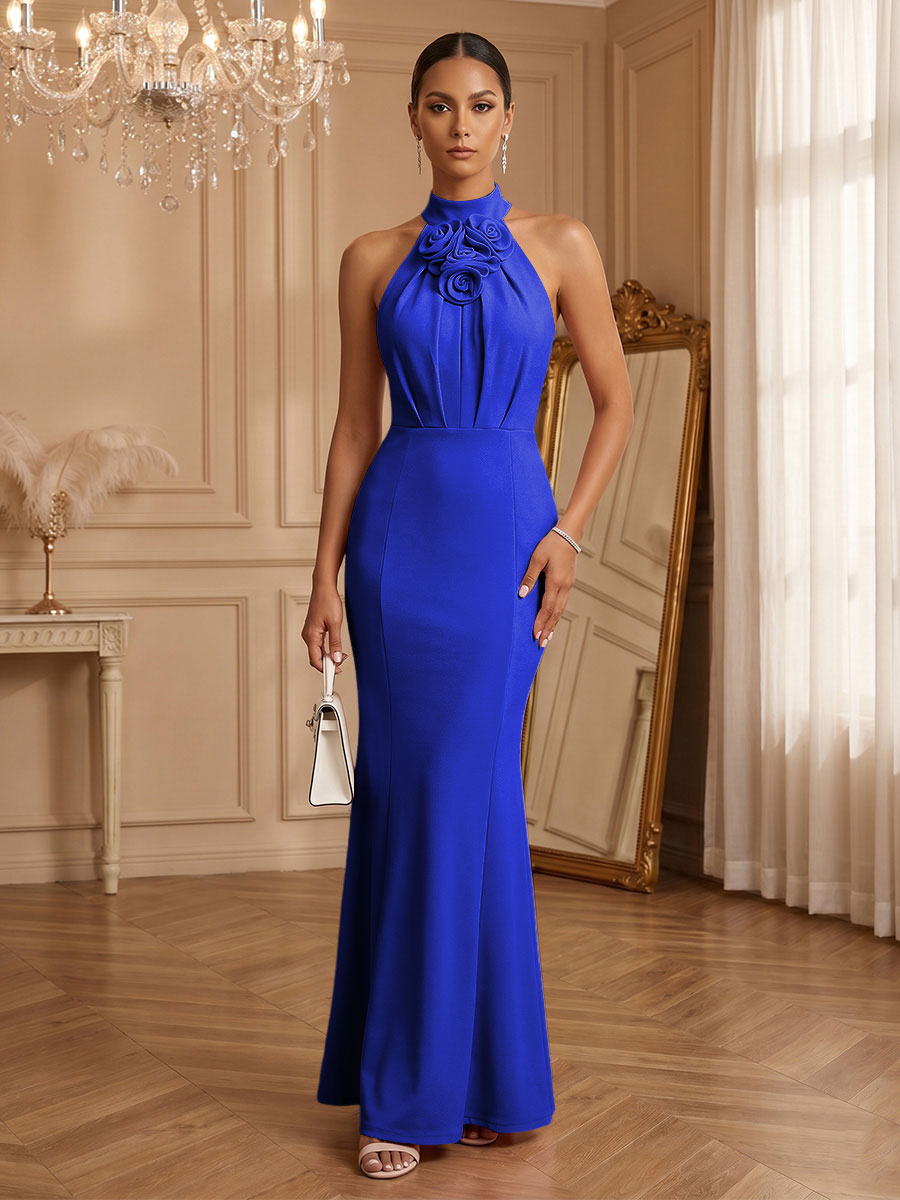 Stretch Mesh Sheath/Column Halter Floor-Length Formal Dresses with Ruched Waist