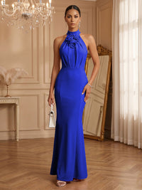 Stretch Mesh Sheath/Column Halter Floor-Length Formal Dresses with Ruched Waist