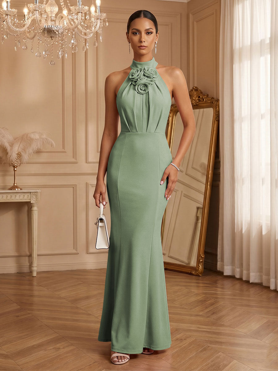 Stretch Mesh Sheath/Column Halter Floor-Length Formal Dresses with Ruched Waist