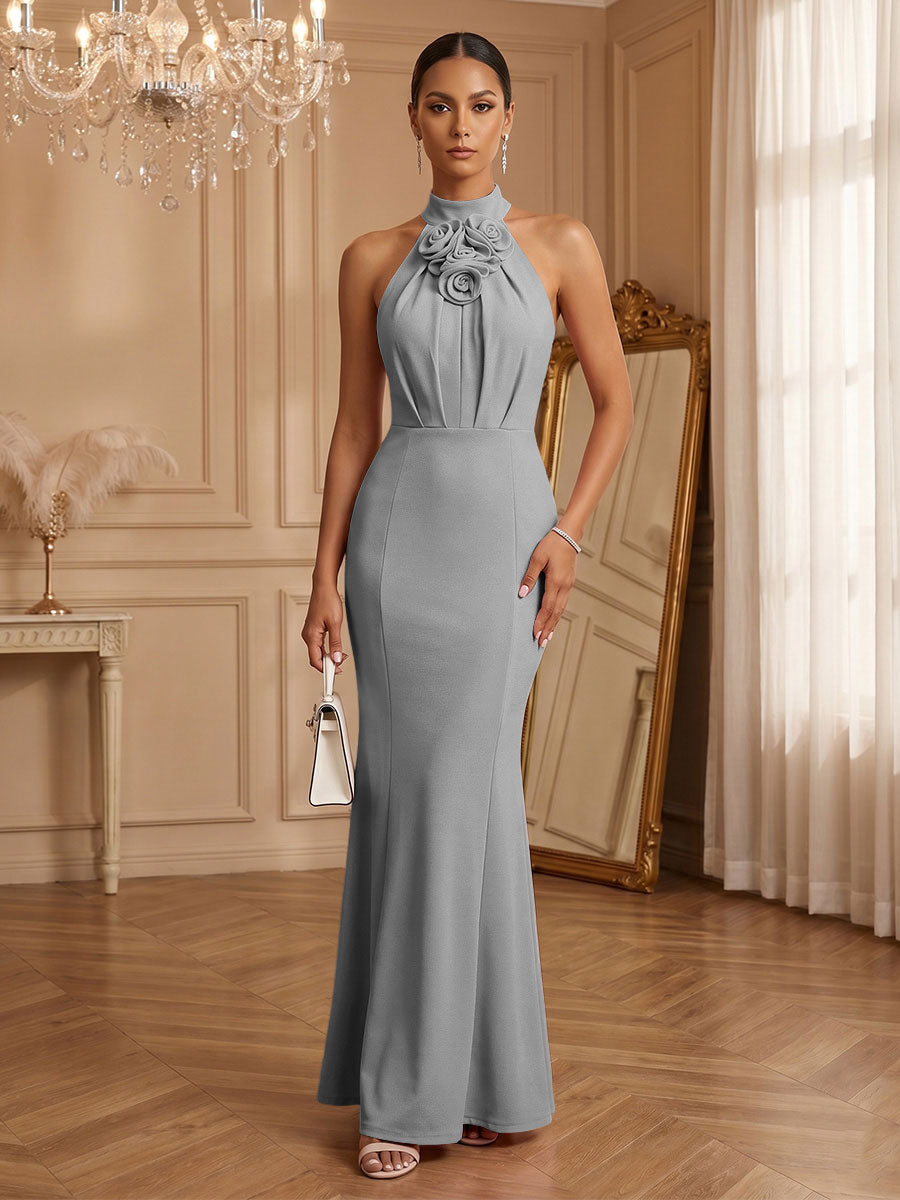 Stretch Mesh Sheath/Column Halter Floor-Length Formal Dresses with Ruched Waist