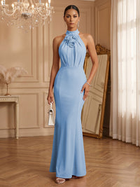 Stretch Mesh Sheath/Column Halter Floor-Length Formal Dresses with Ruched Waist