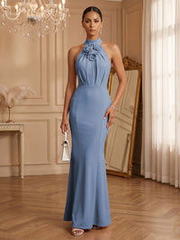 Stretch Mesh Sheath/Column Halter Floor-Length Formal Dresses with Ruched Waist