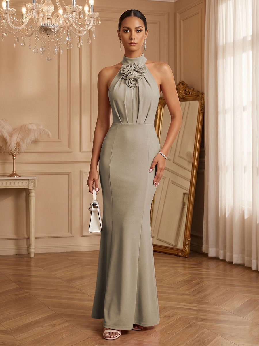 Stretch Mesh Sheath/Column Halter Floor-Length Formal Dresses with Ruched Waist