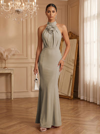 Stretch Mesh Sheath/Column Halter Floor-Length Formal Dresses with Ruched Waist