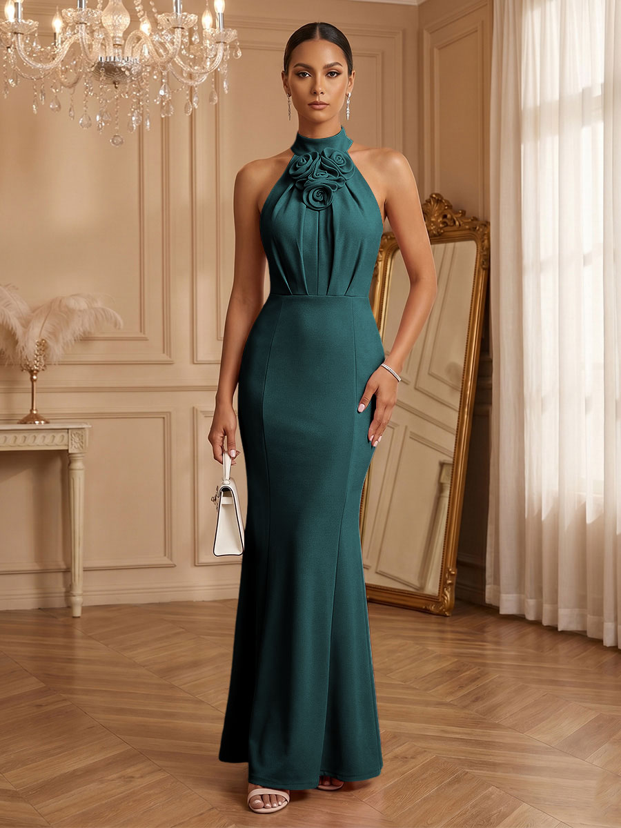 Stretch Mesh Sheath/Column Halter Floor-Length Formal Dresses with Ruched Waist