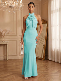 Stretch Mesh Sheath/Column Halter Floor-Length Formal Dresses with Ruched Waist