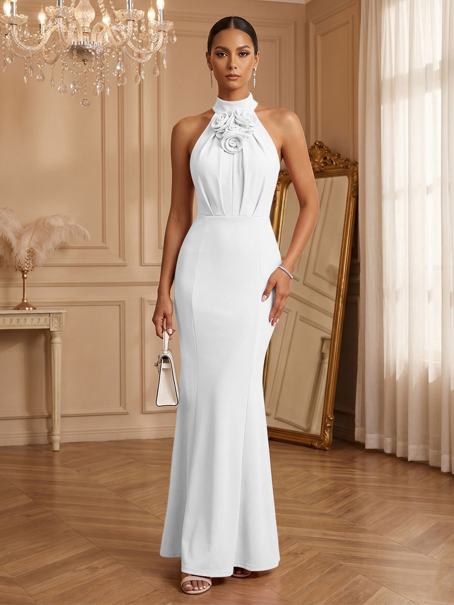Stretch Mesh Sheath/Column Halter Floor-Length Formal Dresses with Ruched Waist