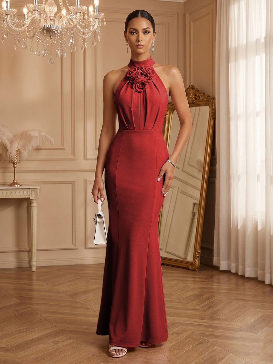 Stretch Mesh Sheath/Column Halter Floor-Length Formal Dresses with Ruched Waist
