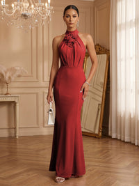 Stretch Mesh Sheath/Column Halter Floor-Length Formal Dresses with Ruched Waist