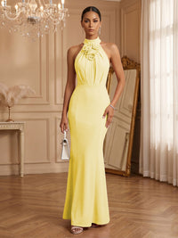 Stretch Mesh Sheath/Column Halter Floor-Length Formal Dresses with Ruched Waist