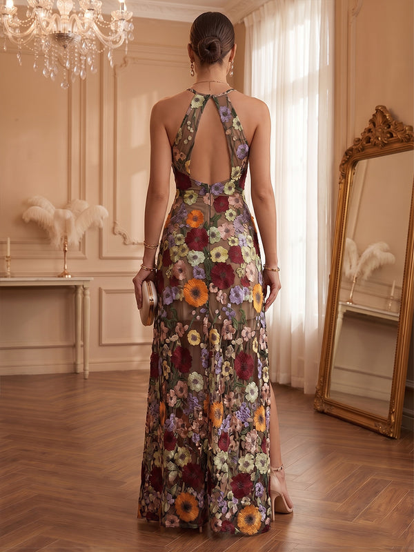 Lace Appliques Sheath/Column Halter Floor-Length Formal Dresses with Slit