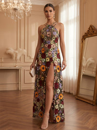 Lace Appliques Sheath/Column Halter Floor-Length Formal Dresses with Slit
