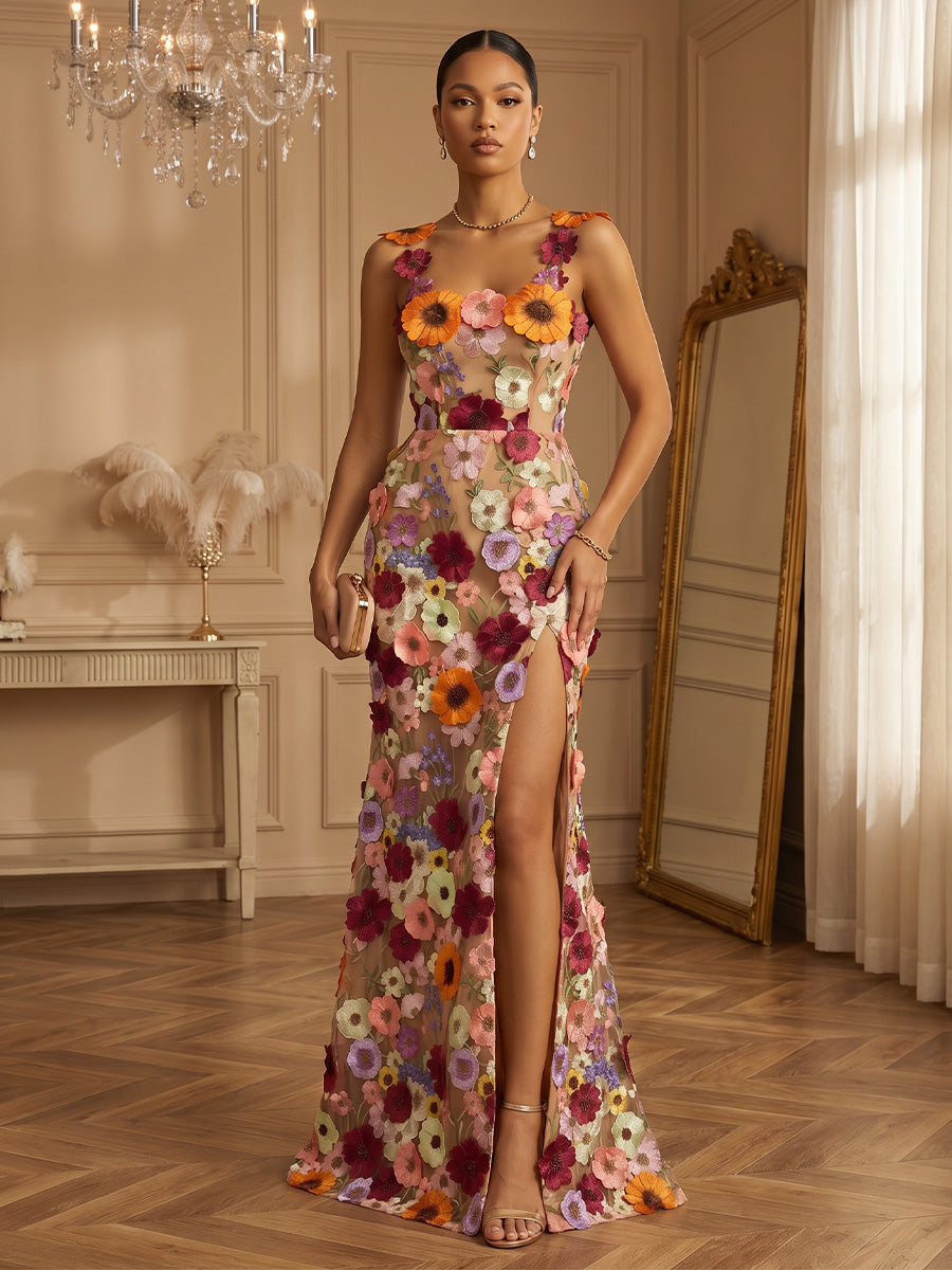 Lace Appliques Sheath/Column Square Neck Floor-Length Formal Dresses with Slit
