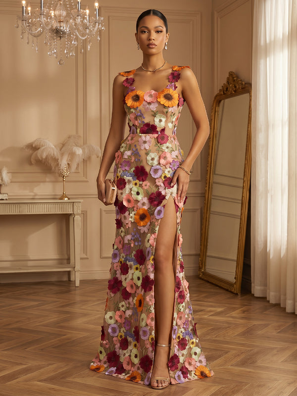 Lace Appliques Sheath/Column Square Neck Floor-Length Formal Dresses with Slit