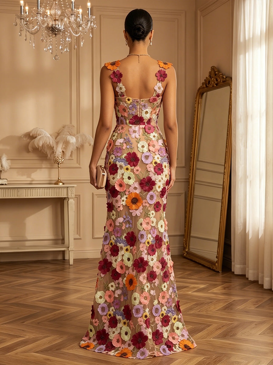 Lace Appliques Sheath/Column Square Neck Floor-Length Formal Dresses with Slit