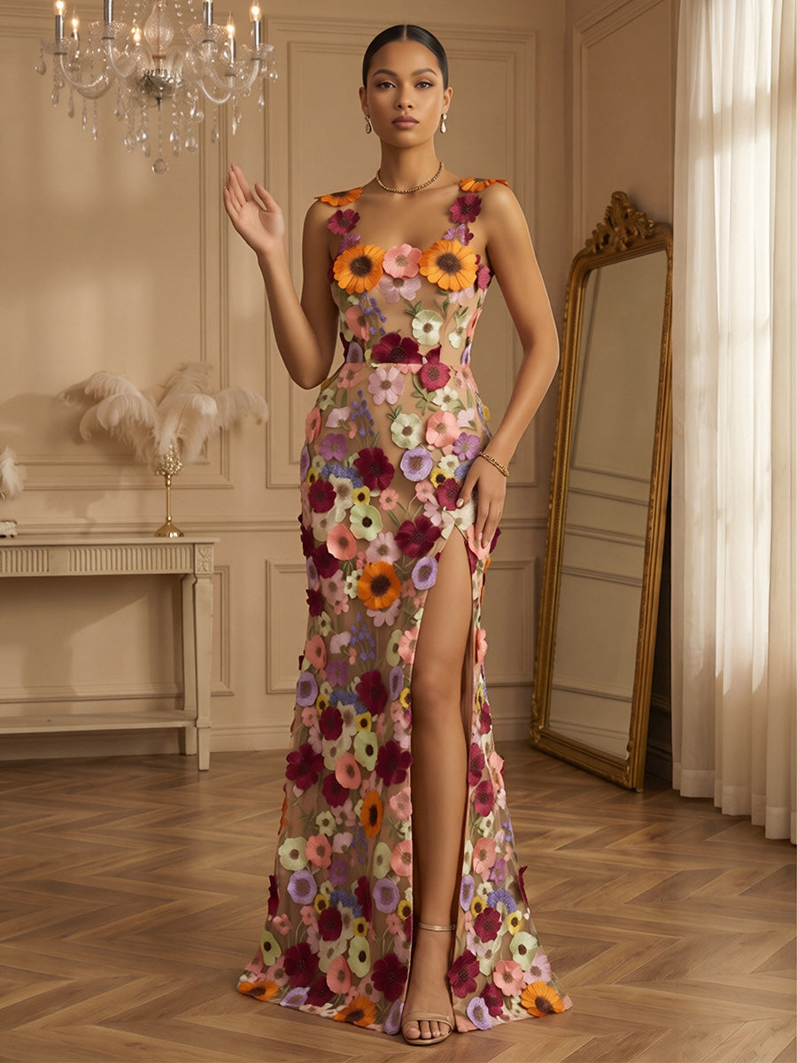 Lace Appliques Sheath/Column Square Neck Floor-Length Formal Dresses with Slit