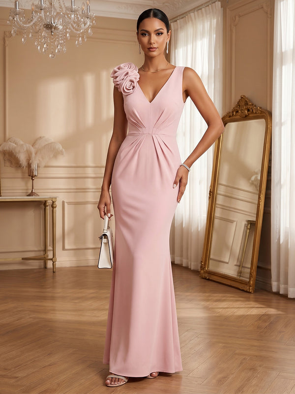 Stretch Mesh Sheath/Column V-Neck Floor-Length Formal Dresses with Ruched Waist