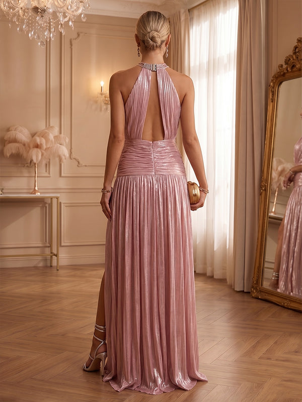 Metallic Satin A-Line/Princess Halter Floor-Length Formal Dresses with Ruched Waist & Slit