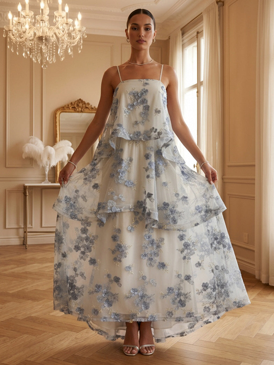 Lace Appliques A-Line/Princess Spaghetti Straps Floor-Length Formal Dresses Tiered