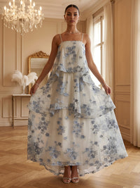 Lace Appliques A-Line/Princess Spaghetti Straps Floor-Length Formal Dresses Tiered