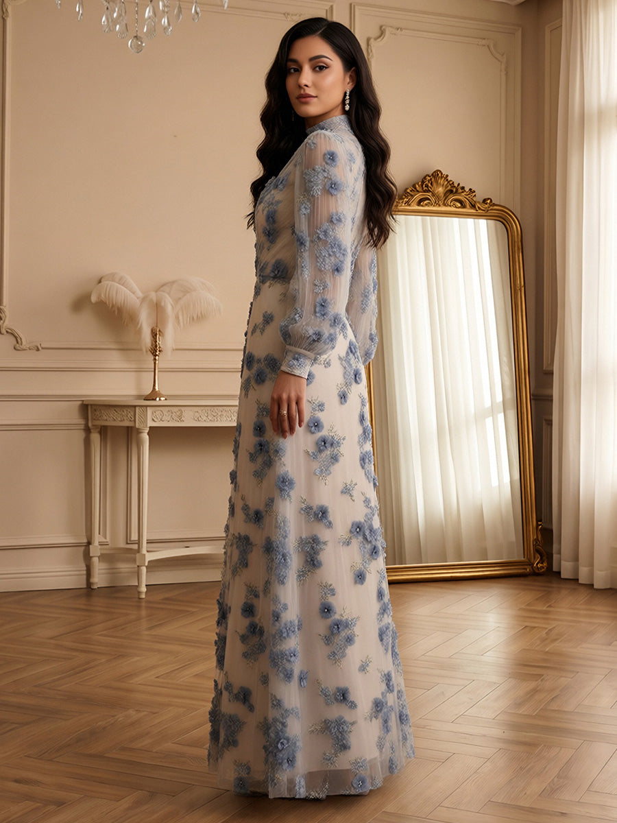 Lace Appliques A-Line/Princess High Neck Floor-Length Formal Dresses for Women