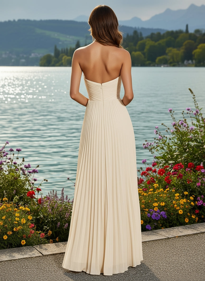 Strapless Chiffon A-Line/Princess Pleated Formal Dresses with Slit & Ruffles