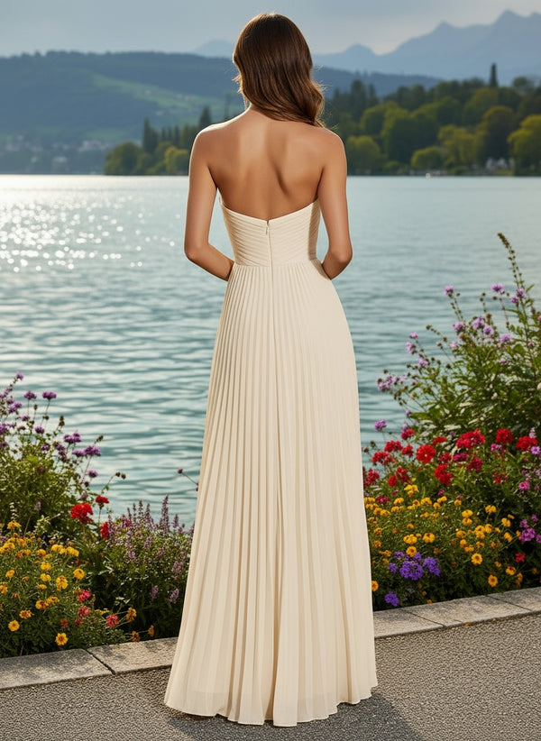 Strapless Chiffon A-Line/Princess Pleated Formal Dresses with Slit & Ruffles