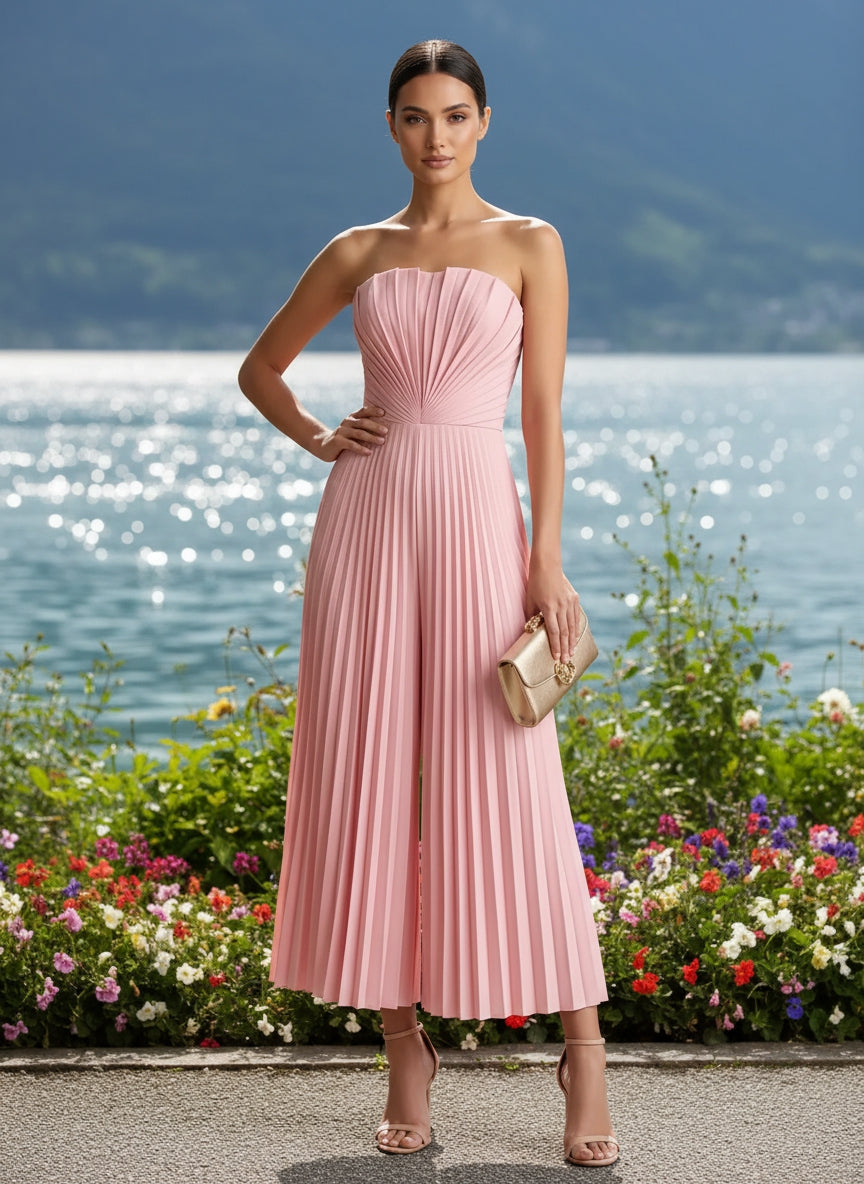 Strapless Chiffon Pleated Tea-Length Formal Jumpsuits for Women
