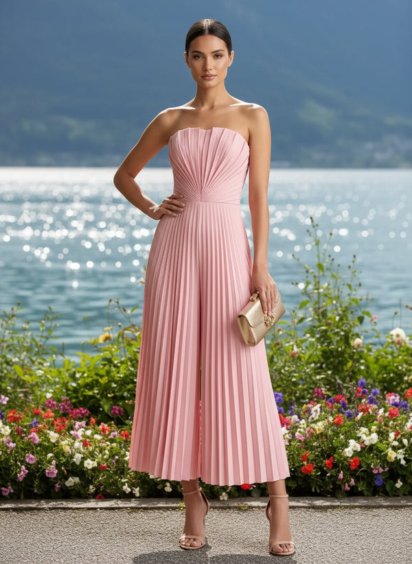 Strapless Chiffon Pleated Tea-Length Formal Jumpsuits for Women