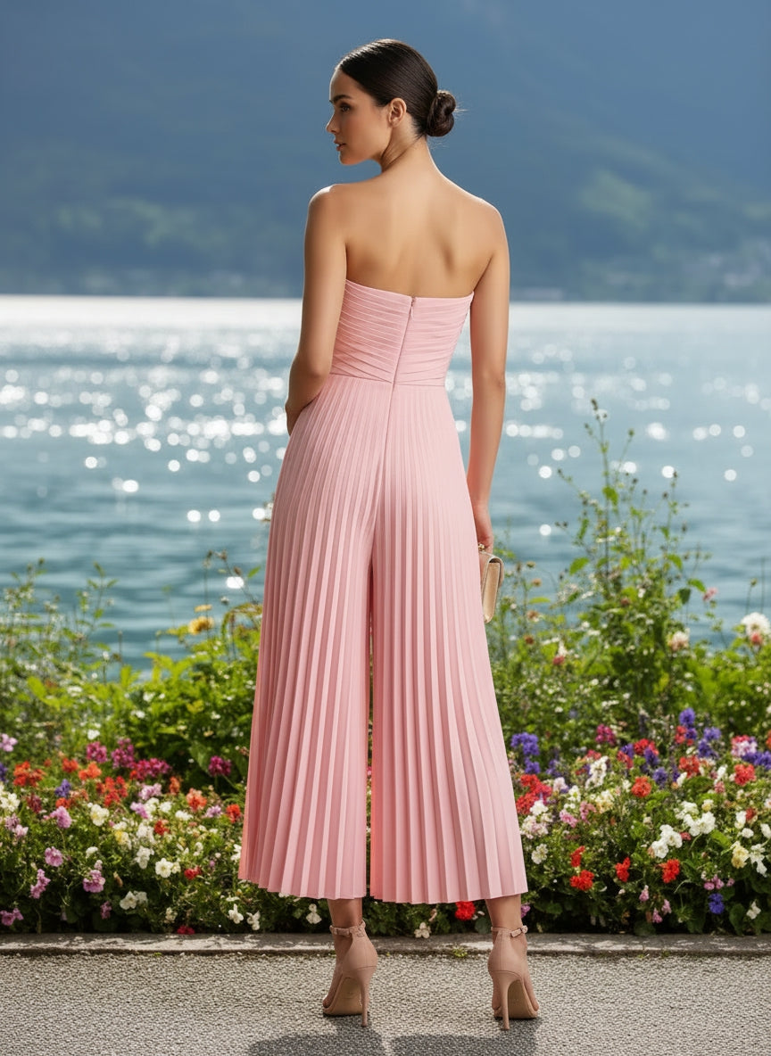 Strapless Chiffon Pleated Tea-Length Formal Jumpsuits for Women