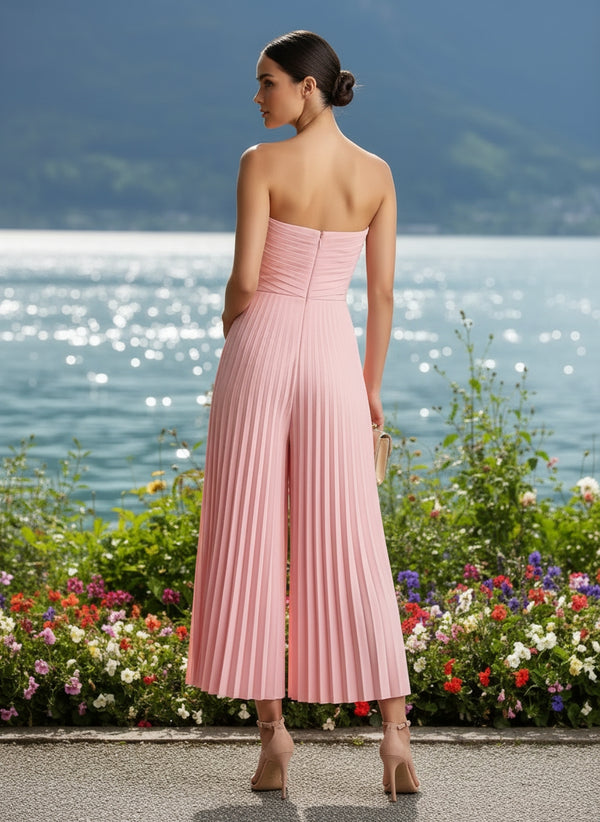 Strapless Chiffon Pleated Tea-Length Formal Jumpsuits for Women