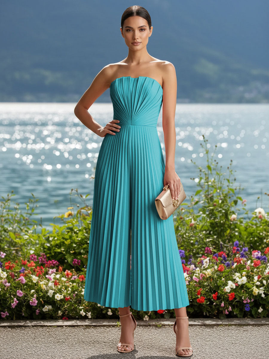 Strapless Chiffon Pleated Tea-Length Formal Jumpsuits for Women