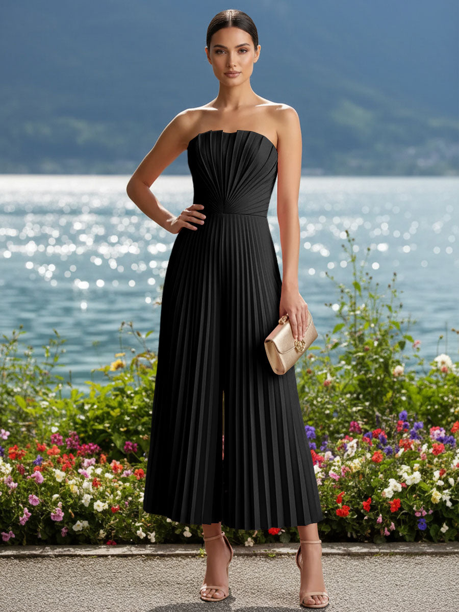 Strapless Chiffon Pleated Tea-Length Formal Jumpsuits for Women