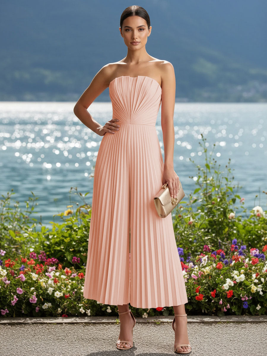 Strapless Chiffon Pleated Tea-Length Formal Jumpsuits for Women