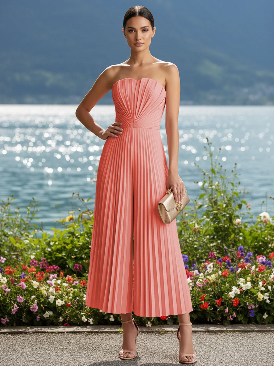 Strapless Chiffon Pleated Tea-Length Formal Jumpsuits for Women