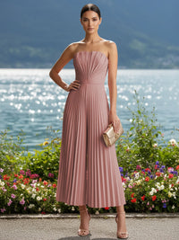 Strapless Chiffon Pleated Tea-Length Formal Jumpsuits for Women