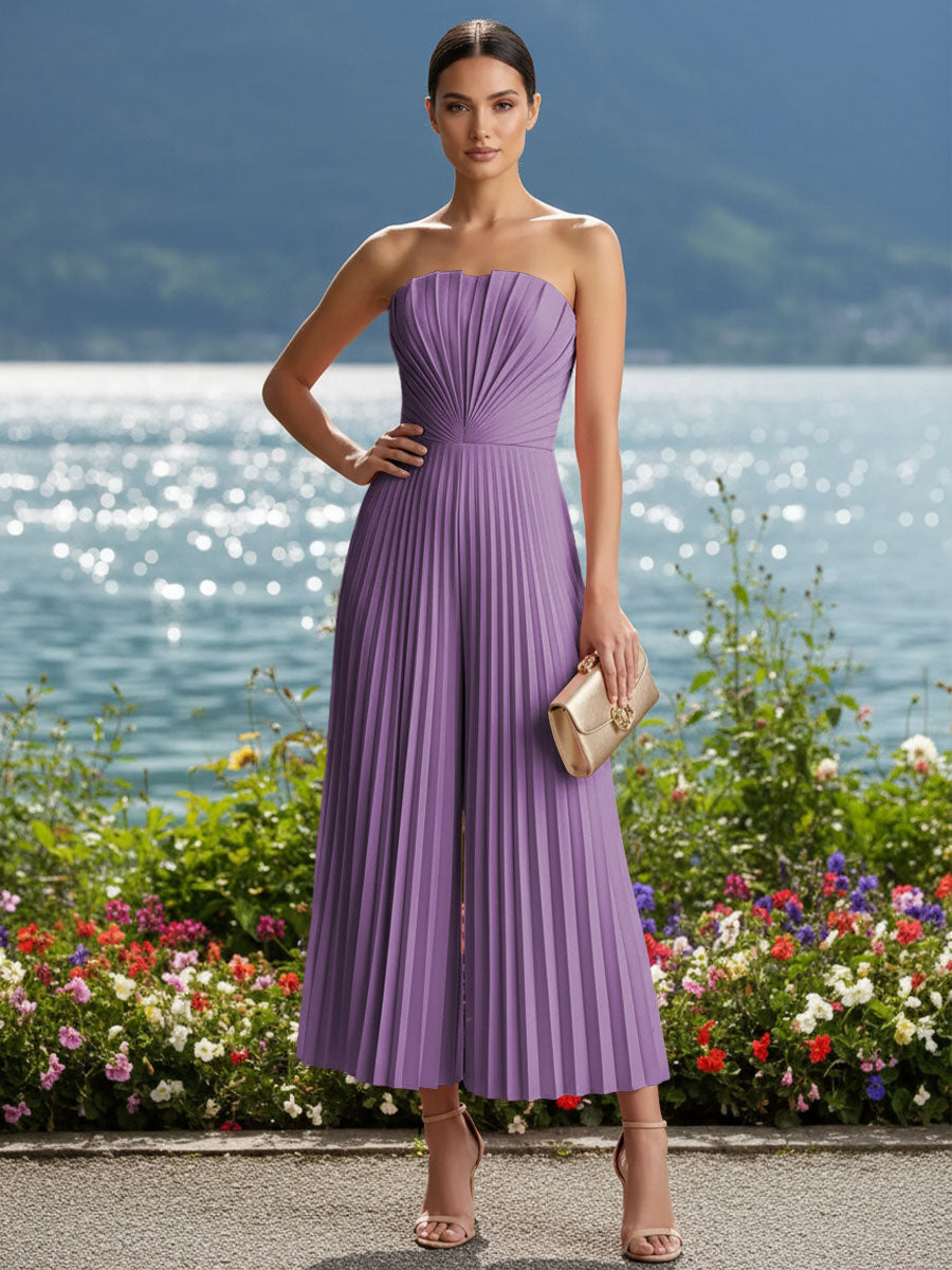 Strapless Chiffon Pleated Tea-Length Formal Jumpsuits for Women