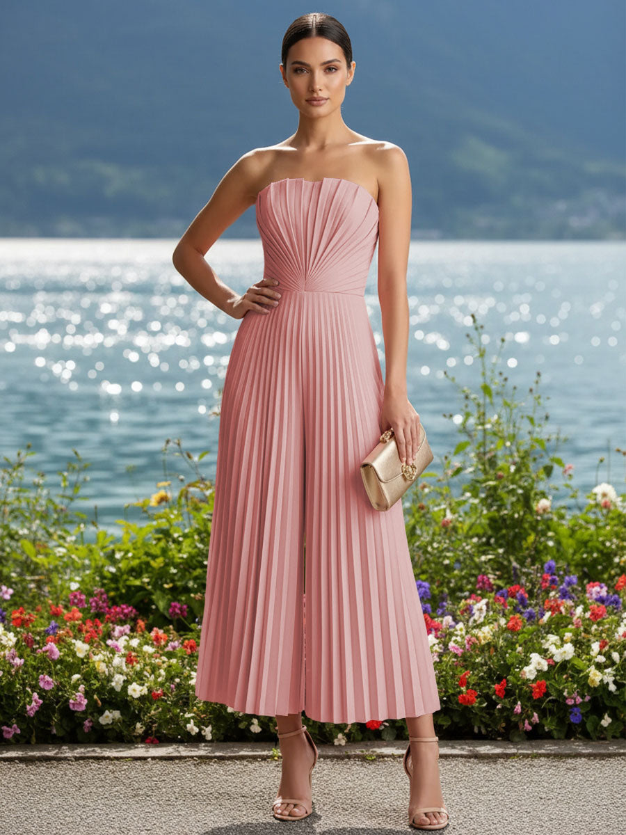 Strapless Chiffon Pleated Tea-Length Formal Jumpsuits for Women