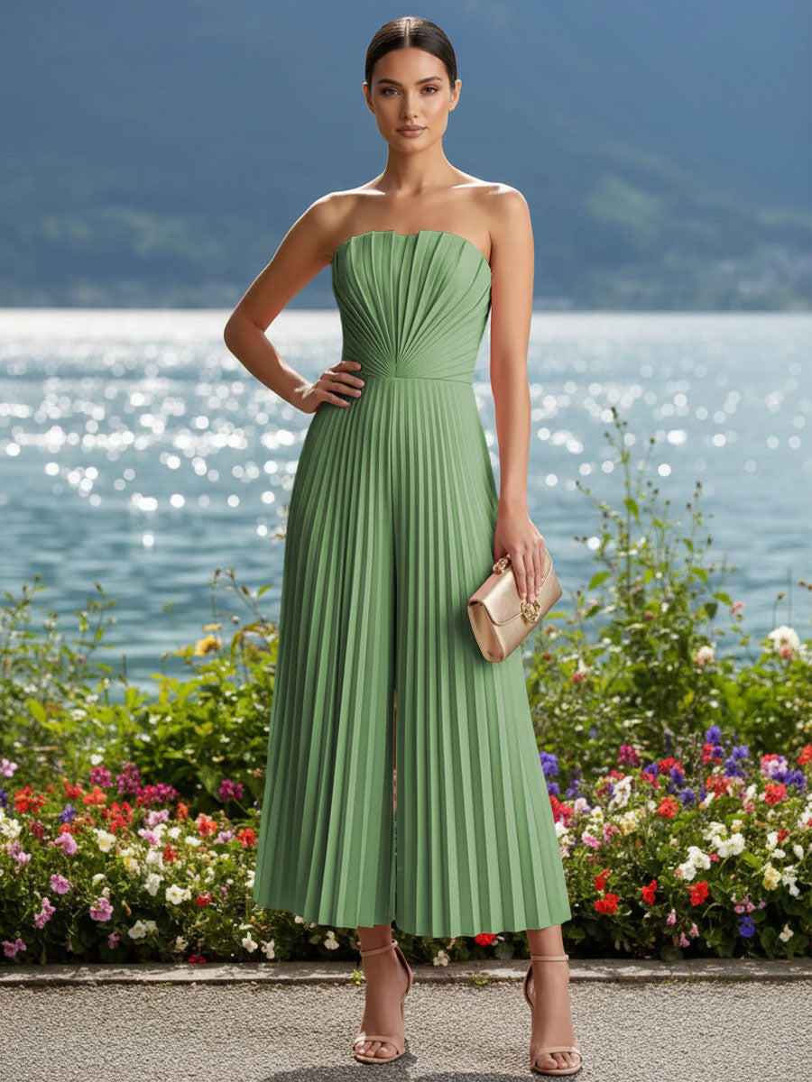 Strapless Chiffon Pleated Tea-Length Formal Jumpsuits for Women