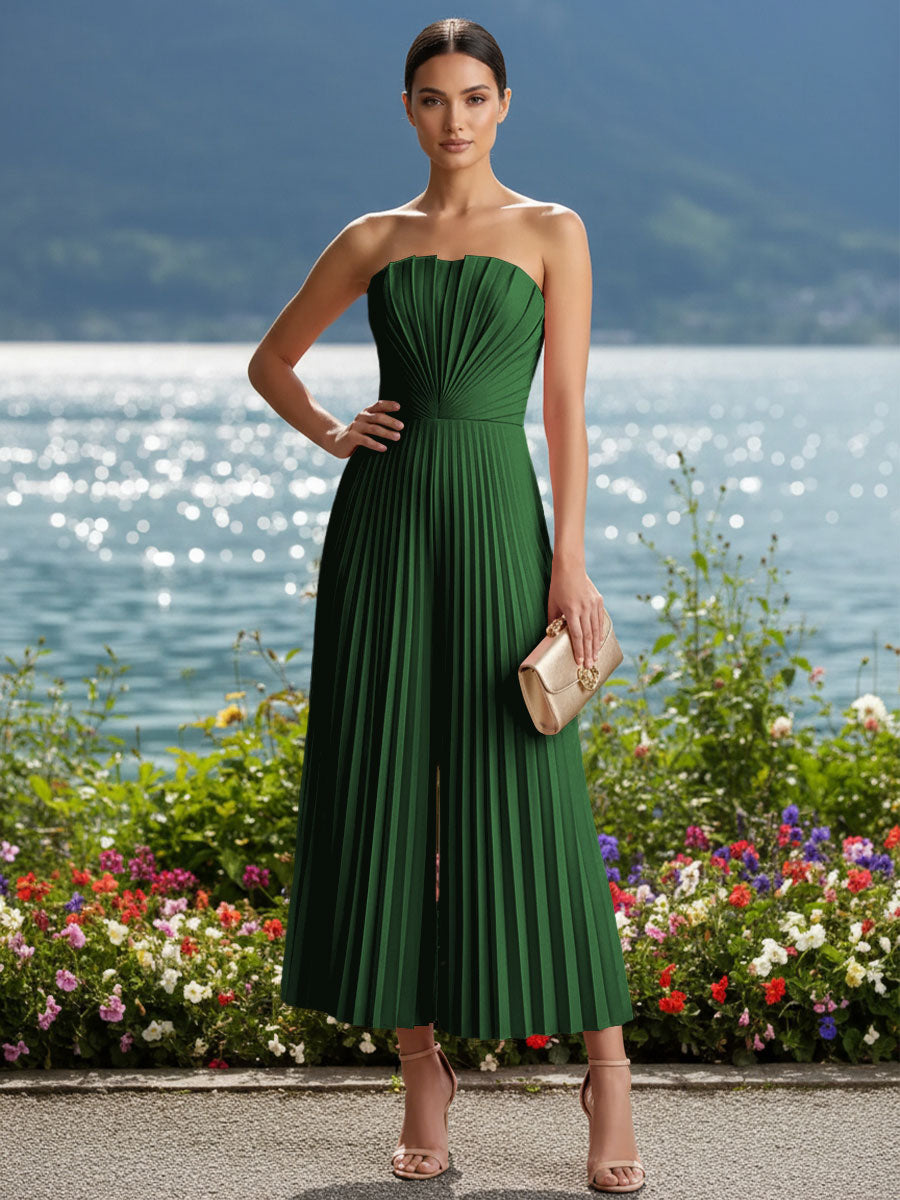 Strapless Chiffon Pleated Tea-Length Formal Jumpsuits for Women