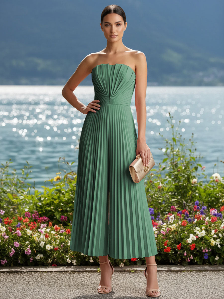 Strapless Chiffon Pleated Tea-Length Formal Jumpsuits for Women